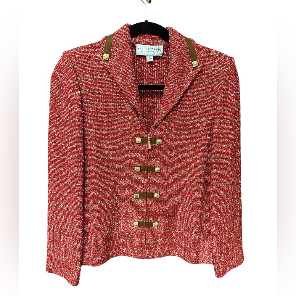 St. John Collection Red Boucle Tweed Knit Jacket w Brown Suede & Gold Hardware6